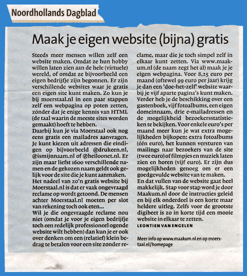 Artikel over Maakum websites in het Noordhollands Dagblad